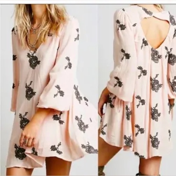 Free People Embroidered Mini Dress S Pink Long Sleeve Elastic V Neck Key Hole, - Picture 4 of 6